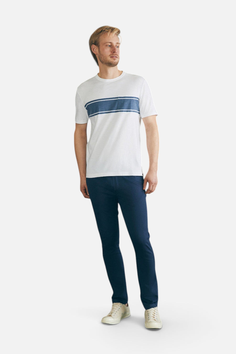 Faherty Surf Stripe Sunwashed Pocket Tee in White Surf Stripe – side view