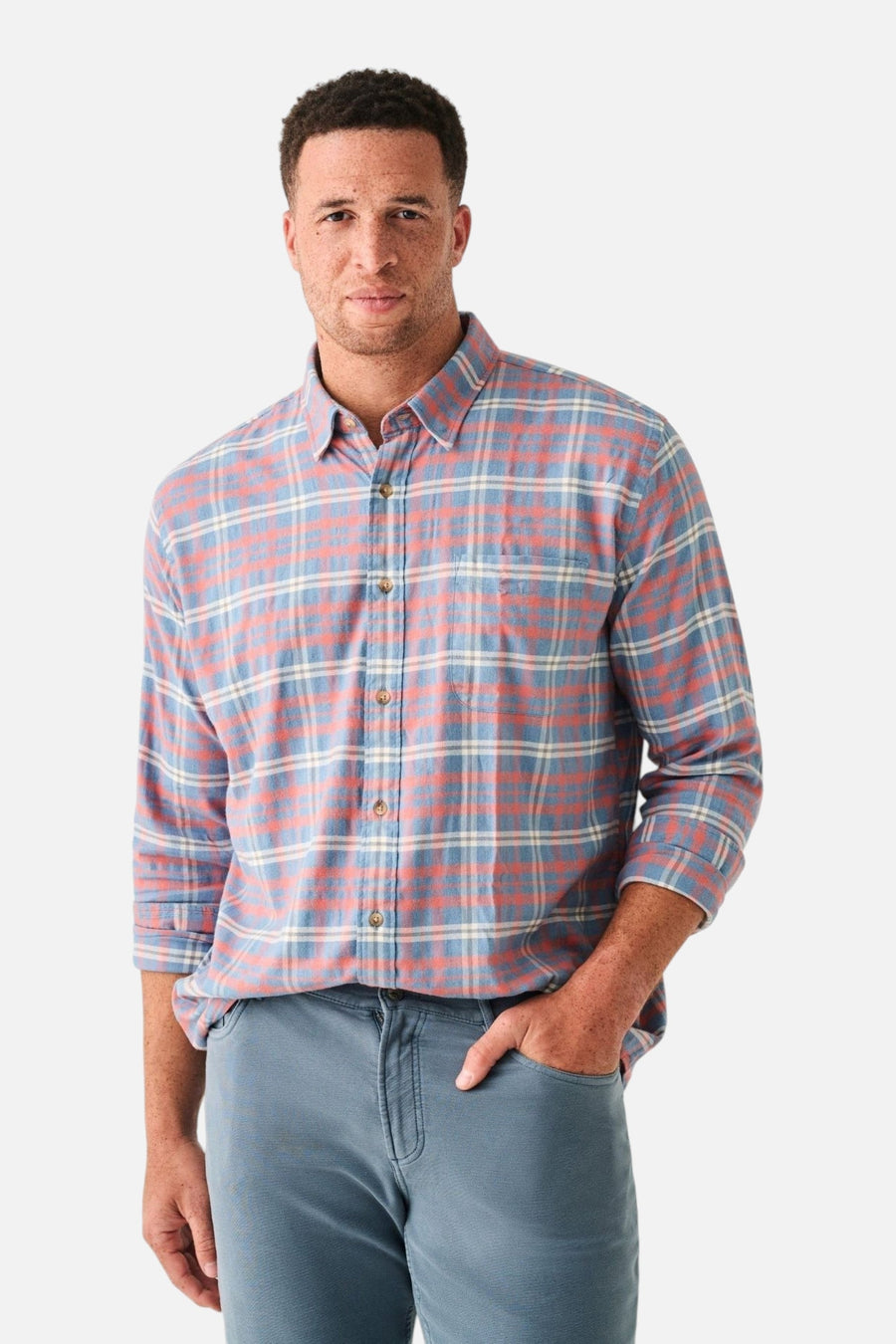 Faherty The All Time Shirt in Niagara River Plaid – side view