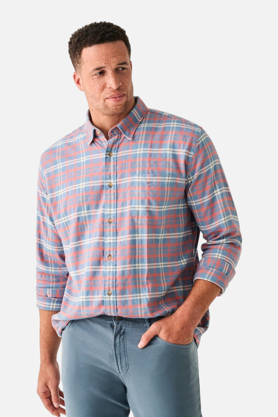Faherty The All Time Shirt in Niagara River Plaid – side view