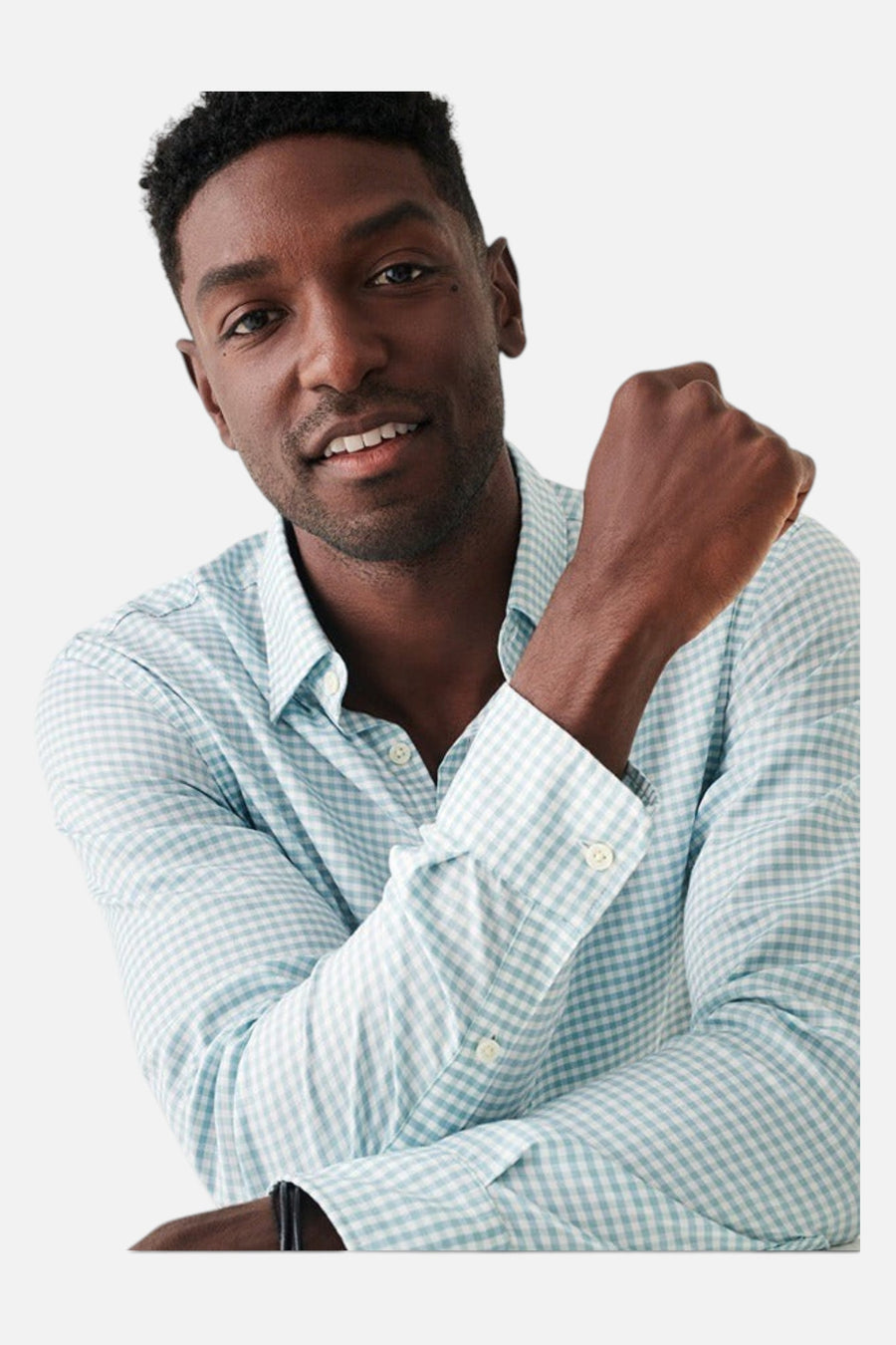 Faherty The Movement Shirt in Teal Gingham – on model