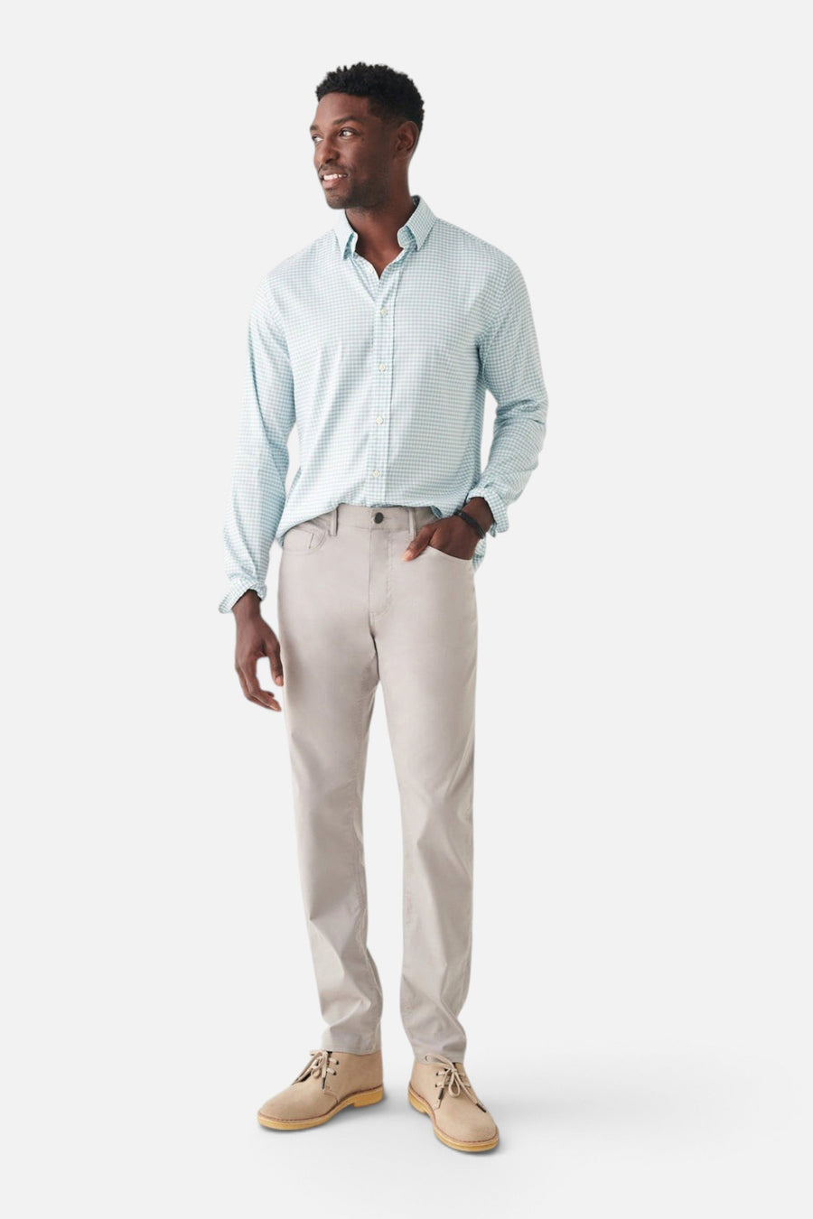 Faherty The Movement Shirt in Teal Gingham – on model