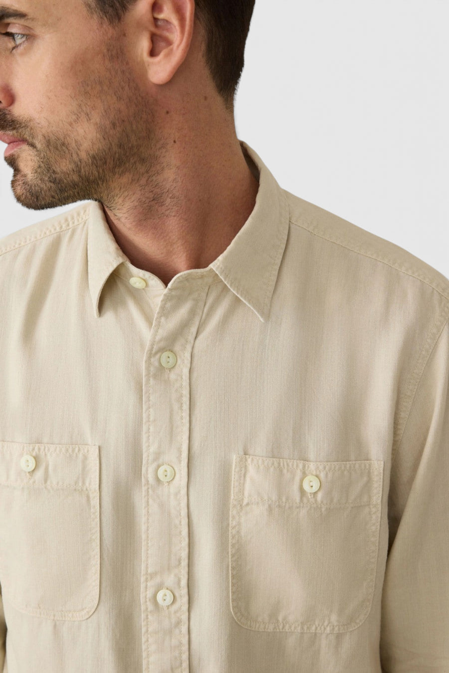Faherty Tried & True Chambray Workshirt in Coastal Cream – back view