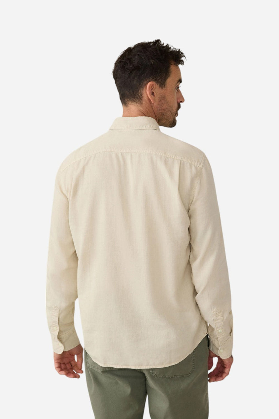 Faherty Tried & True Chambray Workshirt in Coastal Cream – flat lay