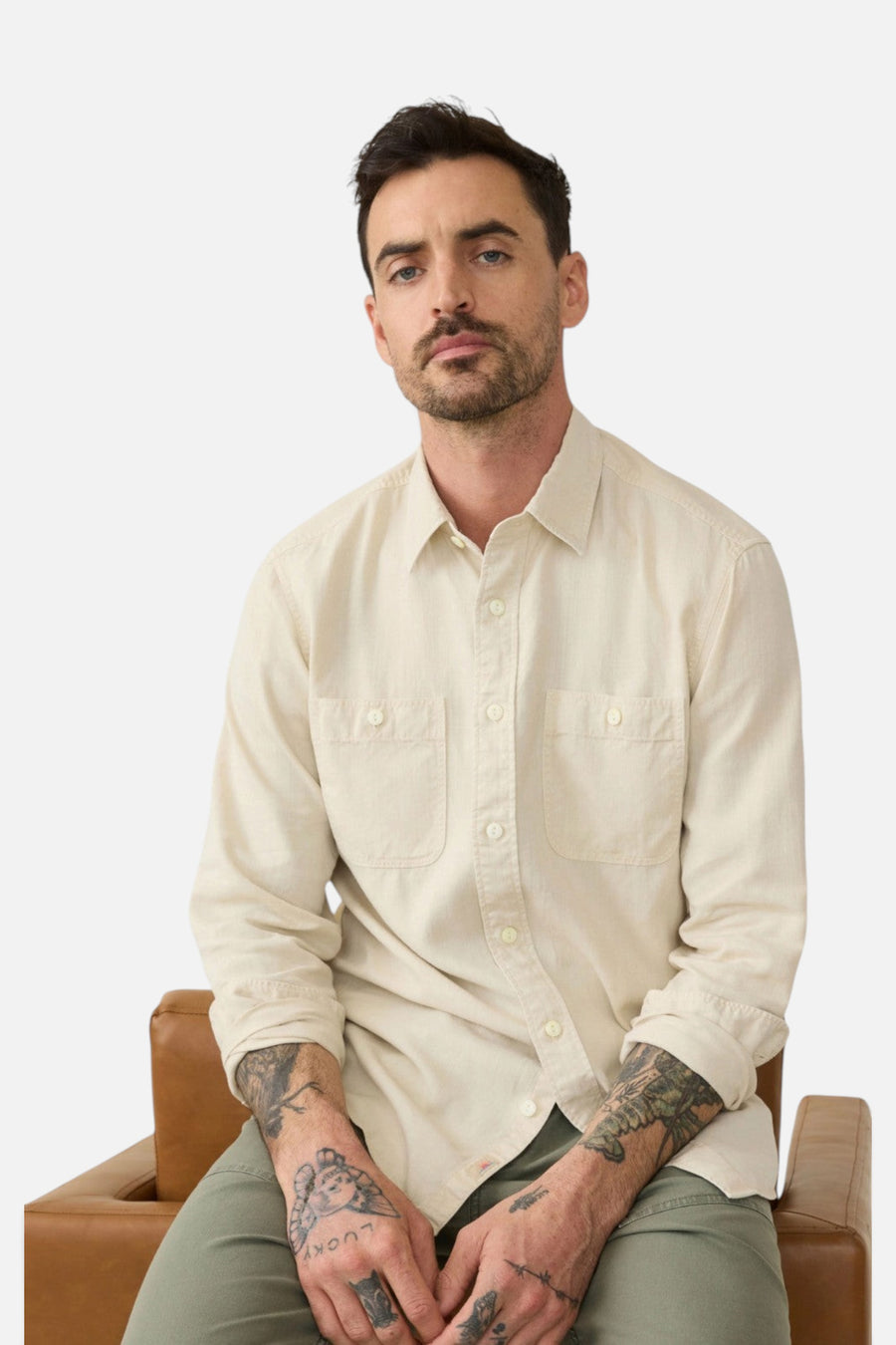 Faherty Tried & True Chambray Workshirt in Coastal Cream – side view