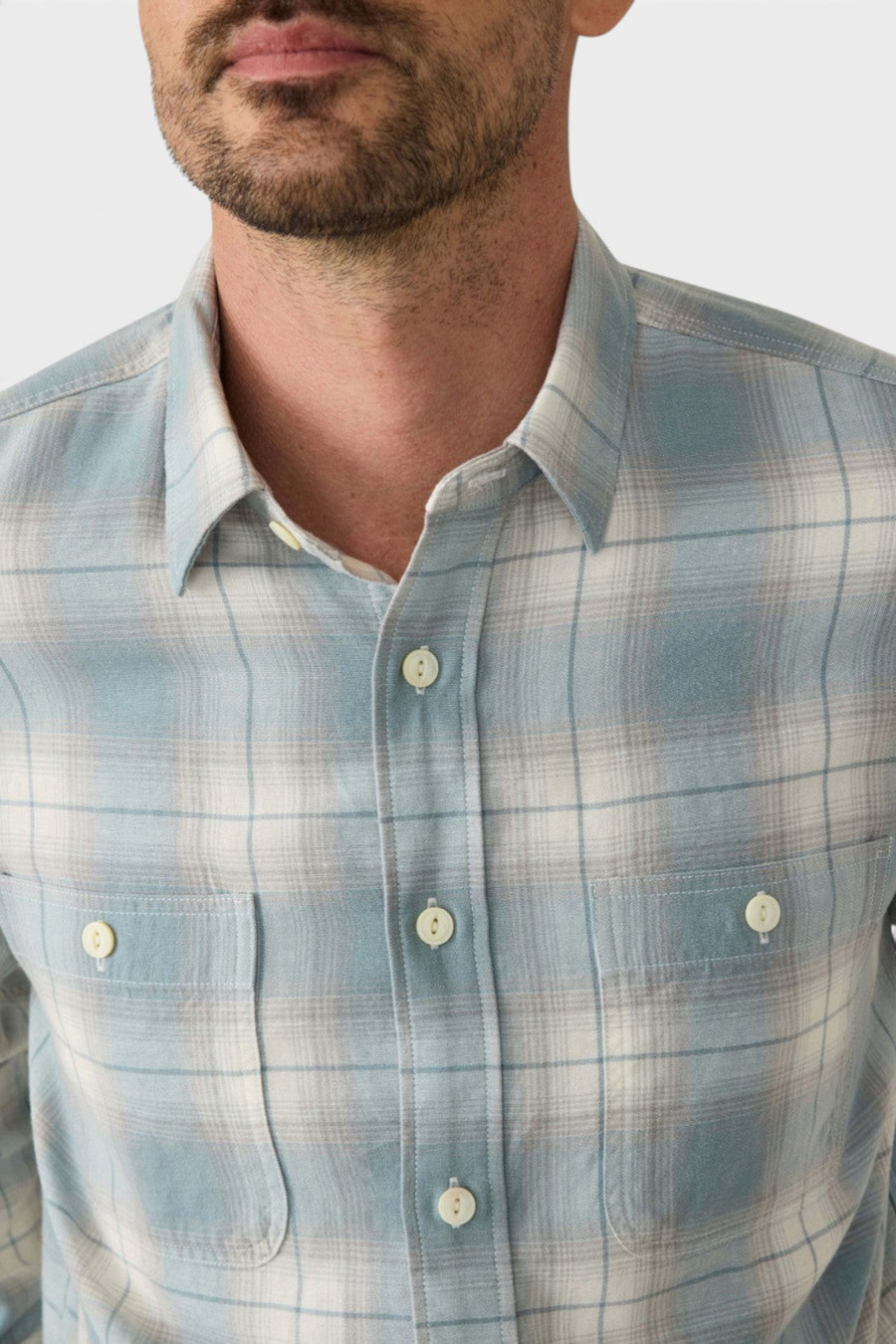 Faherty Tried & True Chambray Workshirt in Emerald Coast Plaid – back view