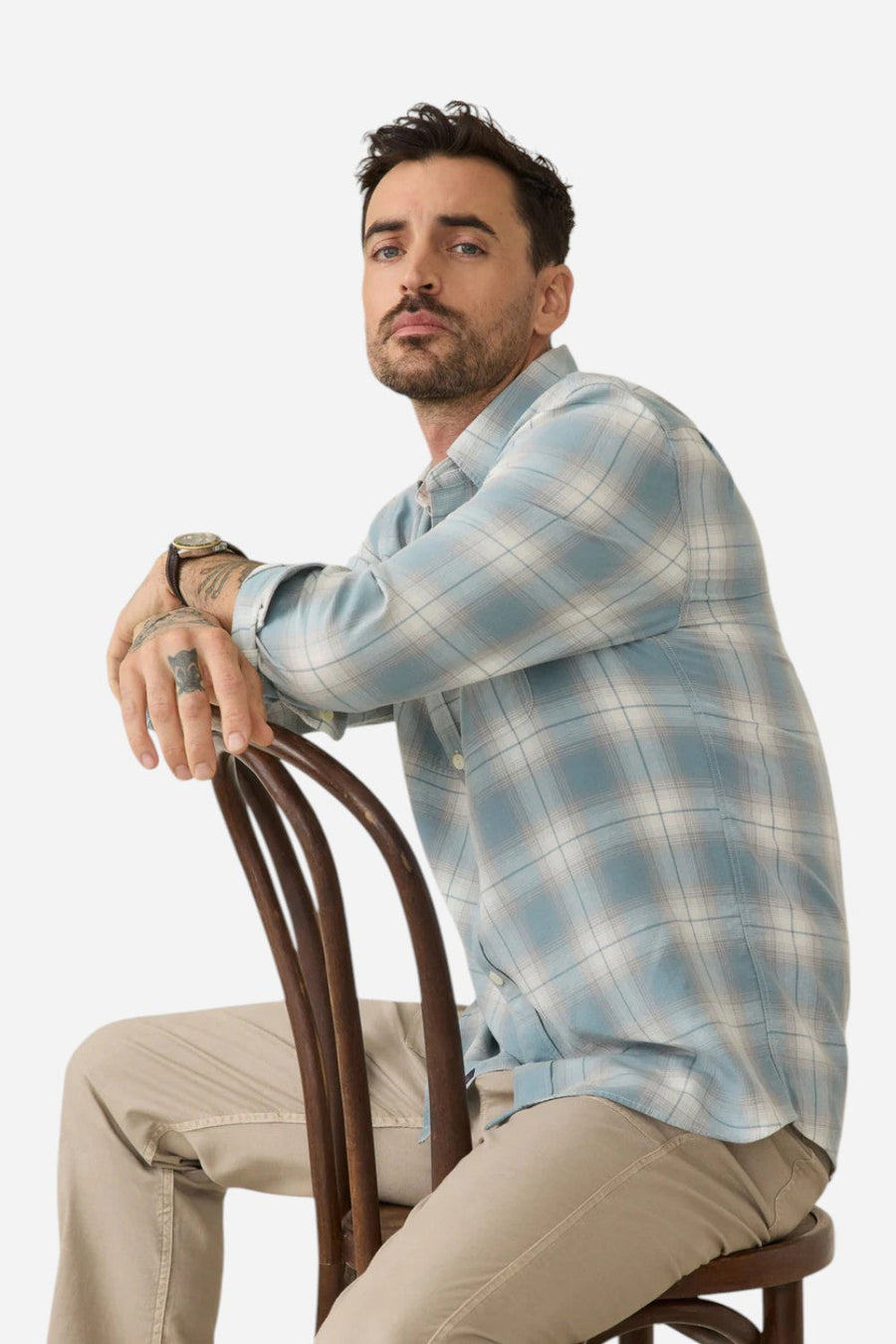 Faherty Tried & True Chambray Workshirt in Emerald Coast Plaid – detail