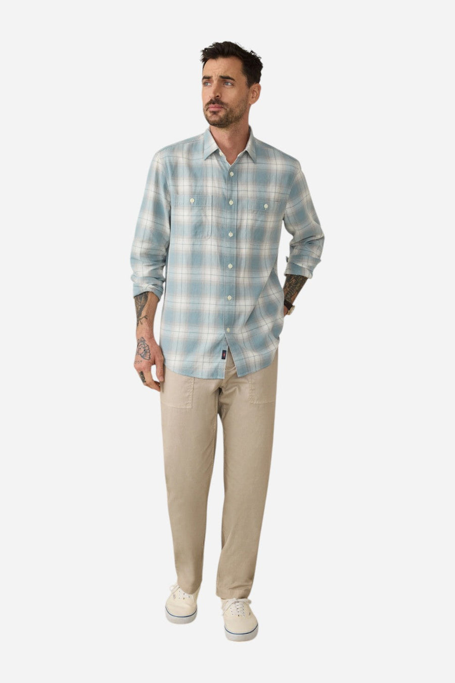 Faherty Tried & True Chambray Workshirt in Emerald Coast Plaid – flat lay
