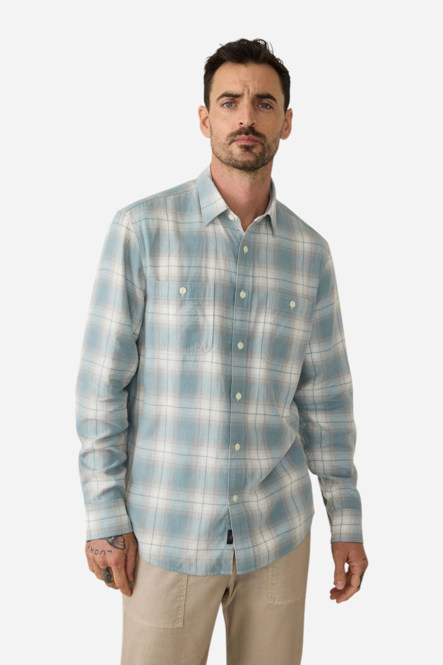 Faherty Tried & True Chambray Workshirt in Emerald Coast Plaid – front view