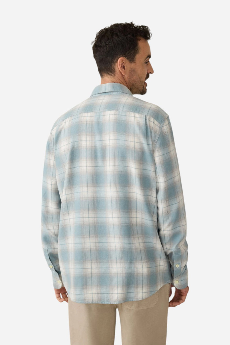 Faherty Tried & True Chambray Workshirt in Emerald Coast Plaid – side view