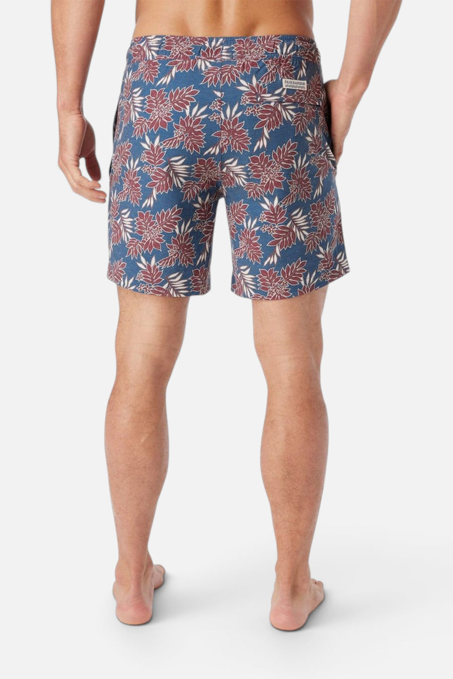 Fair Harbor Bayberry Swim Trunks in Navy Crimson Leaves – flat lay
