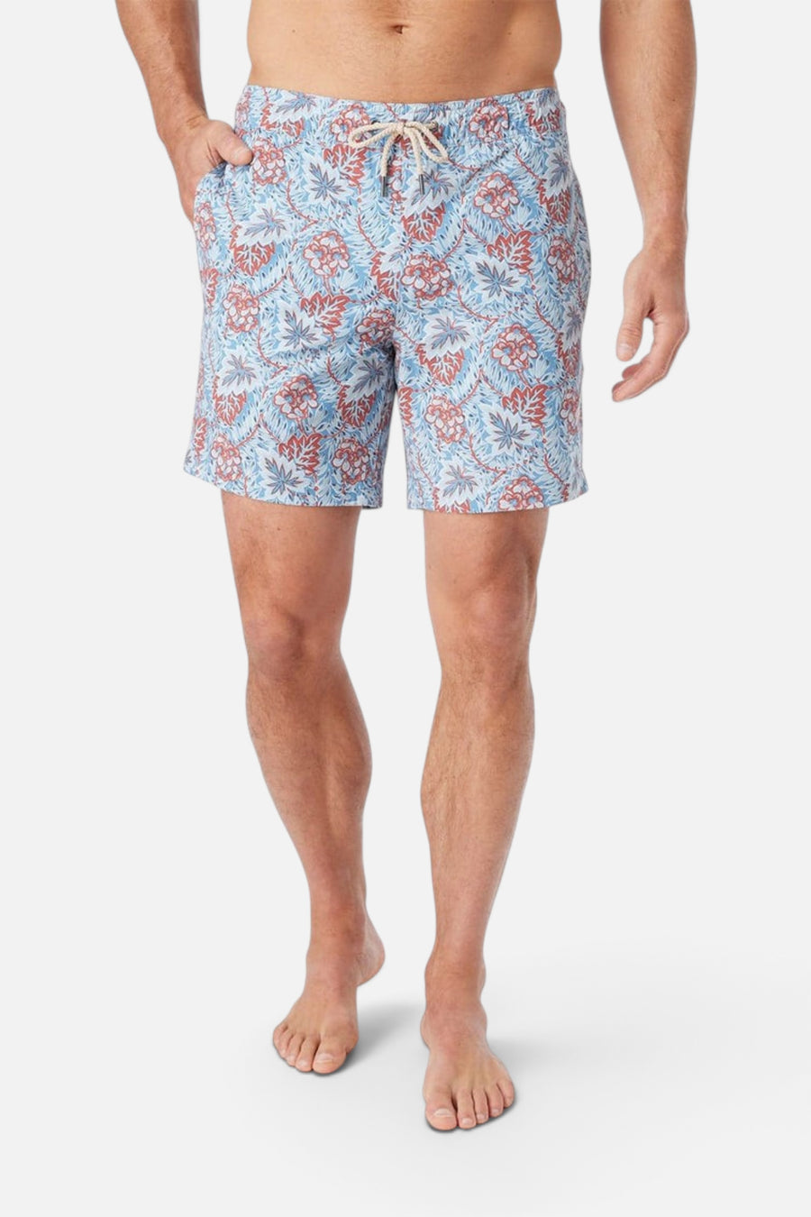 Fair Harbor Bayberry Swim Trunks in Sky Blue Beach Forest – back view
