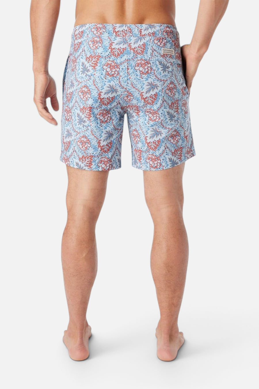 Fair Harbor Bayberry Swim Trunks in Sky Blue Beach Forest – flat lay