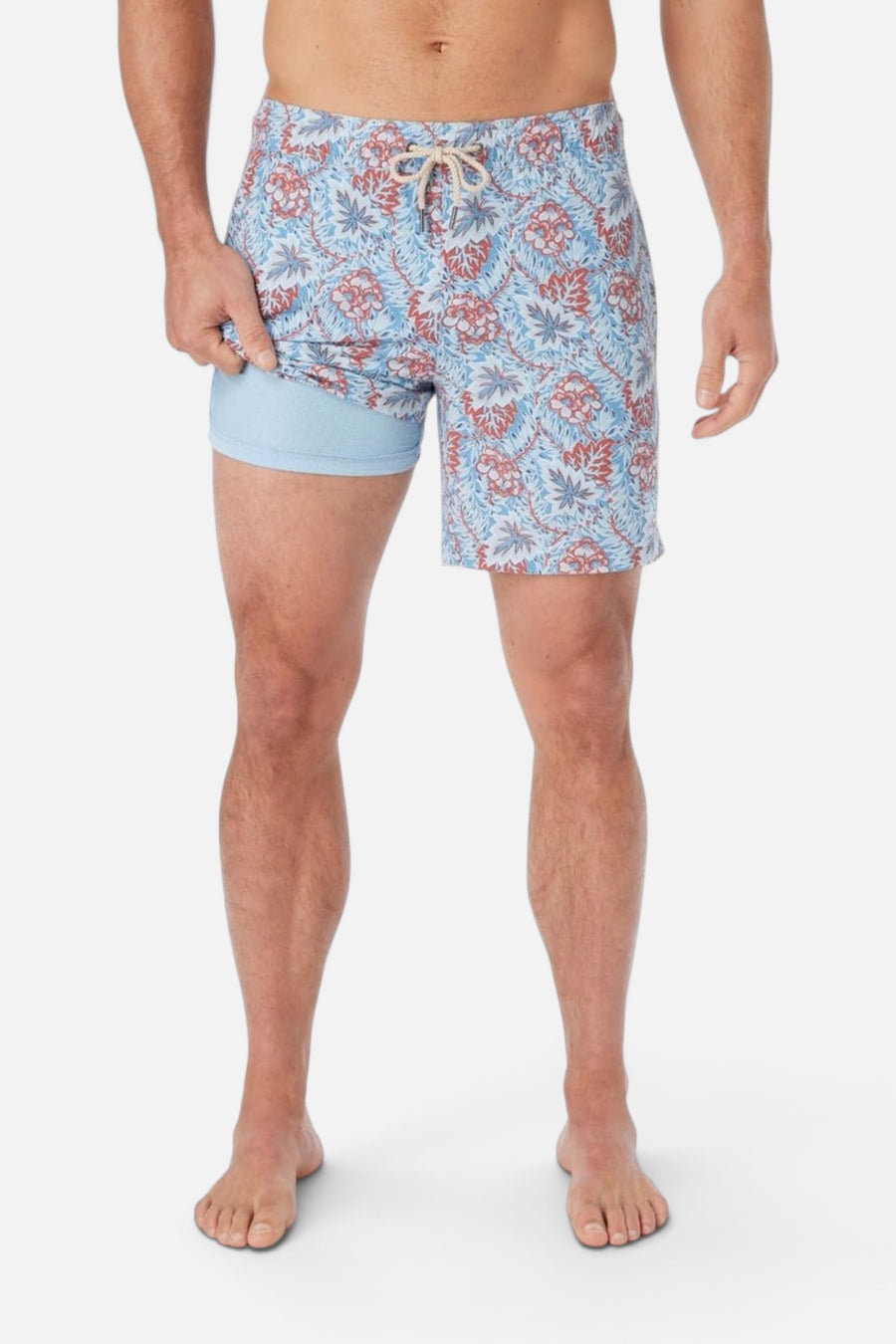 Fair Harbor Bayberry Swim Trunks in Sky Blue Beach Forest – side view