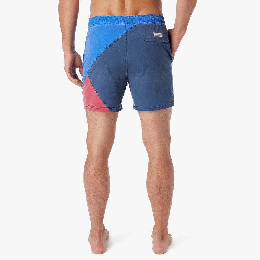 Fair Harbor Bungalow Swim Trunks in Navy Azul Block – flat lay