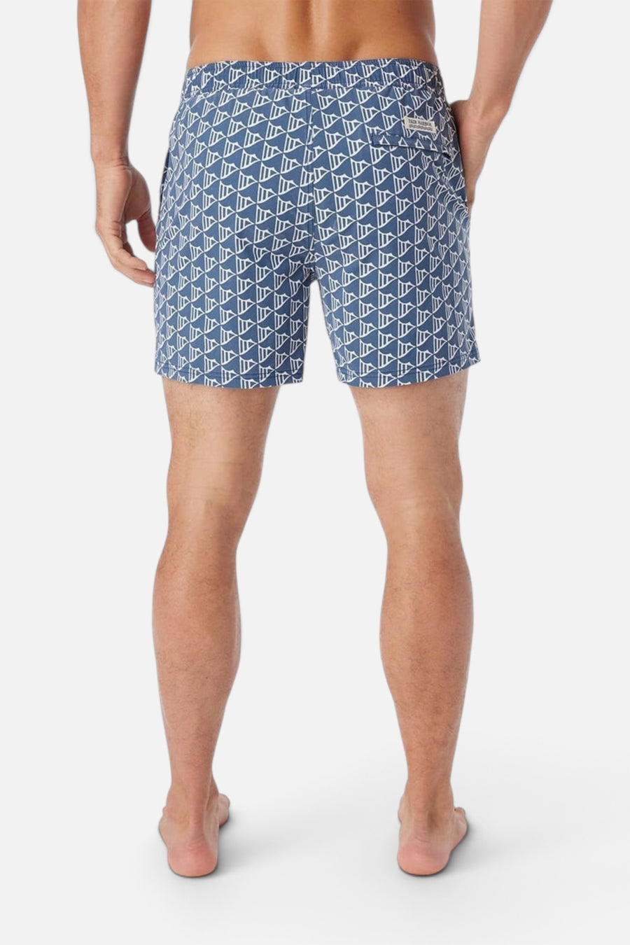 Fair Harbor Bungalow Swim Trunks in Navy Windy Flags – flat lay