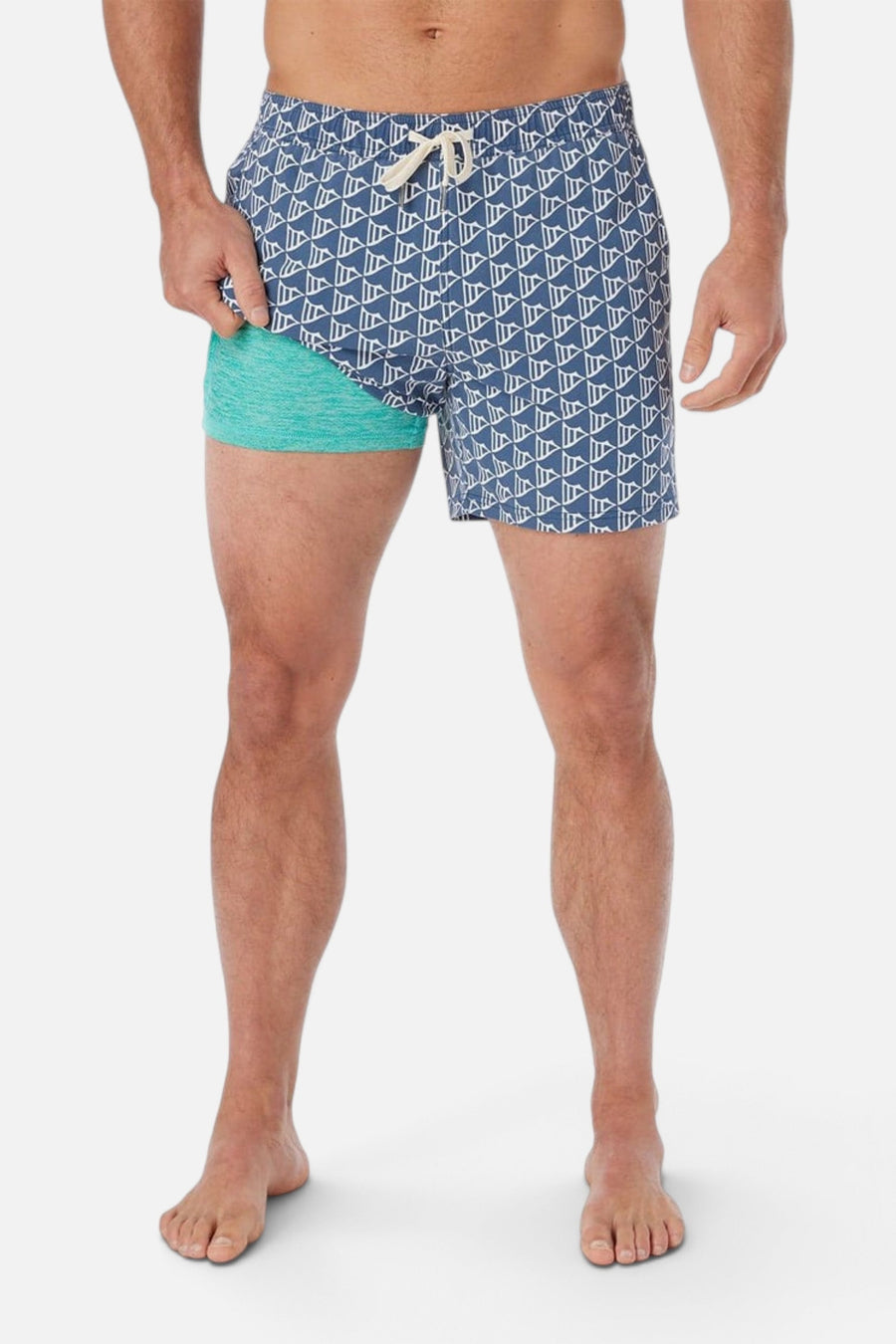 Fair Harbor Bungalow Swim Trunks in Navy Windy Flags – side view