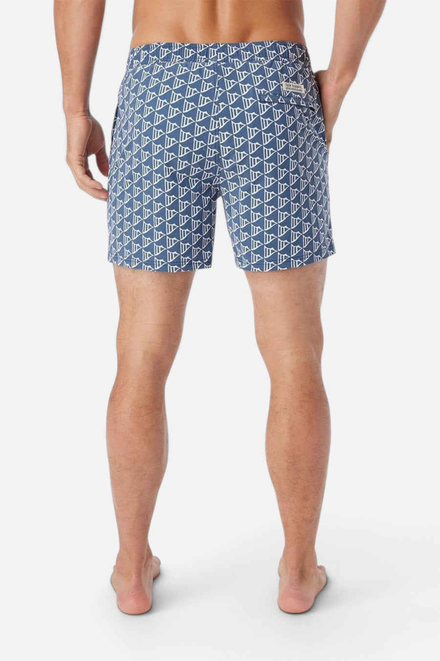 Fair Harbor Bungalow Swim Trunks in Navy Windy Flags – side view