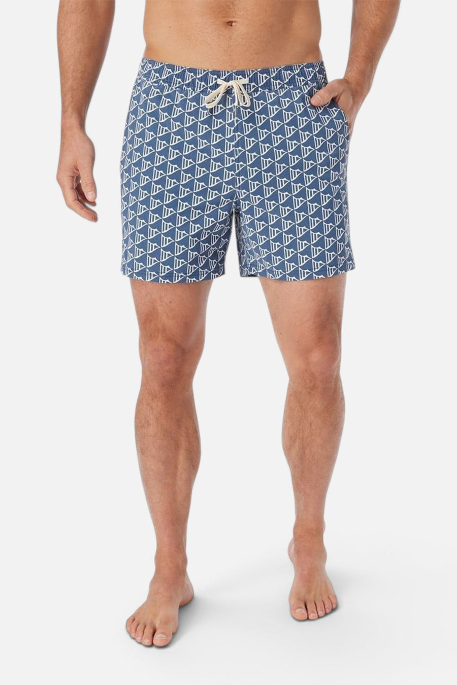 Fair Harbor Bungalow Swim Trunks in Navy Windy Flags – side view