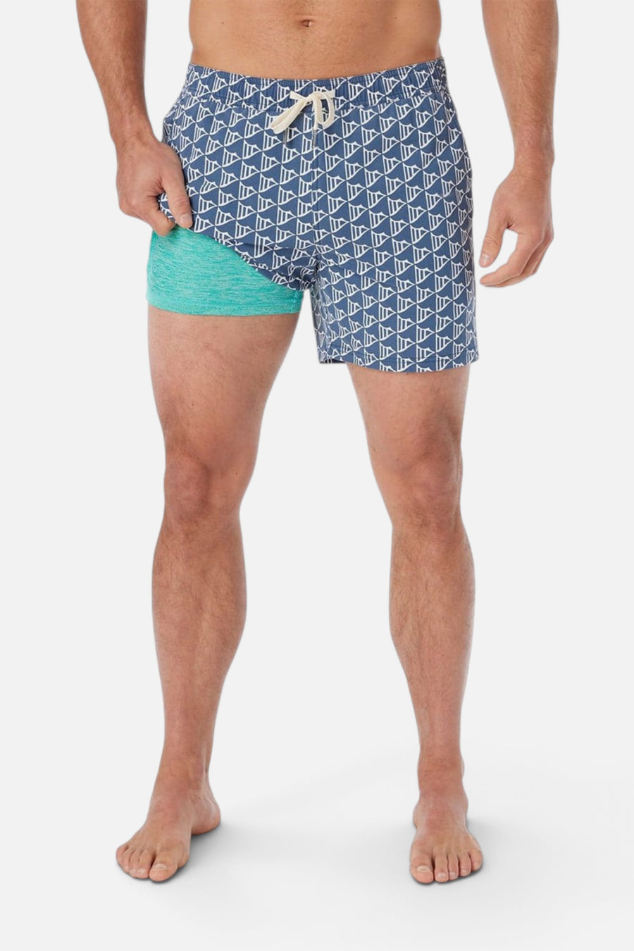 Fair Harbor Bungalow Swim Trunks in Navy Windy Flags – side view