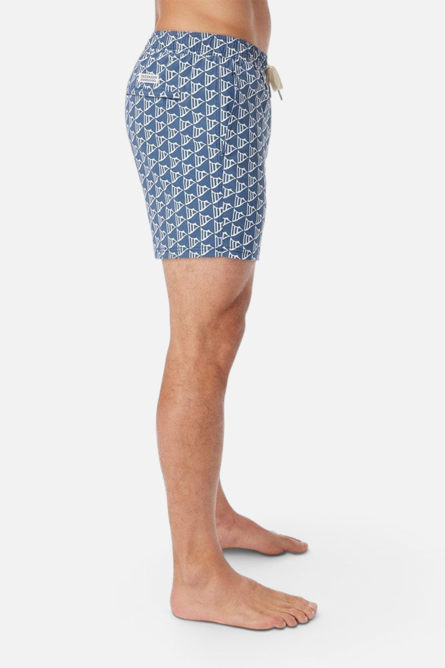Fair Harbor Bungalow Swim Trunks in Navy Windy Flags – side view