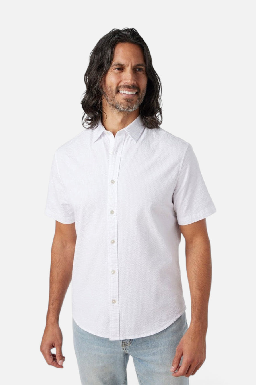 Fair Harbor Seersucker Short Sleeve Shirt in White – back view