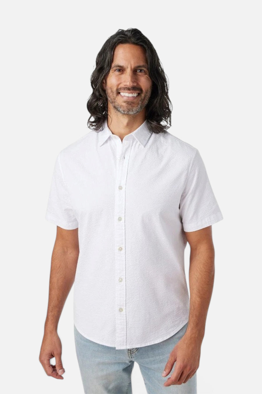 Fair Harbor Seersucker Short Sleeve Shirt in White – front view