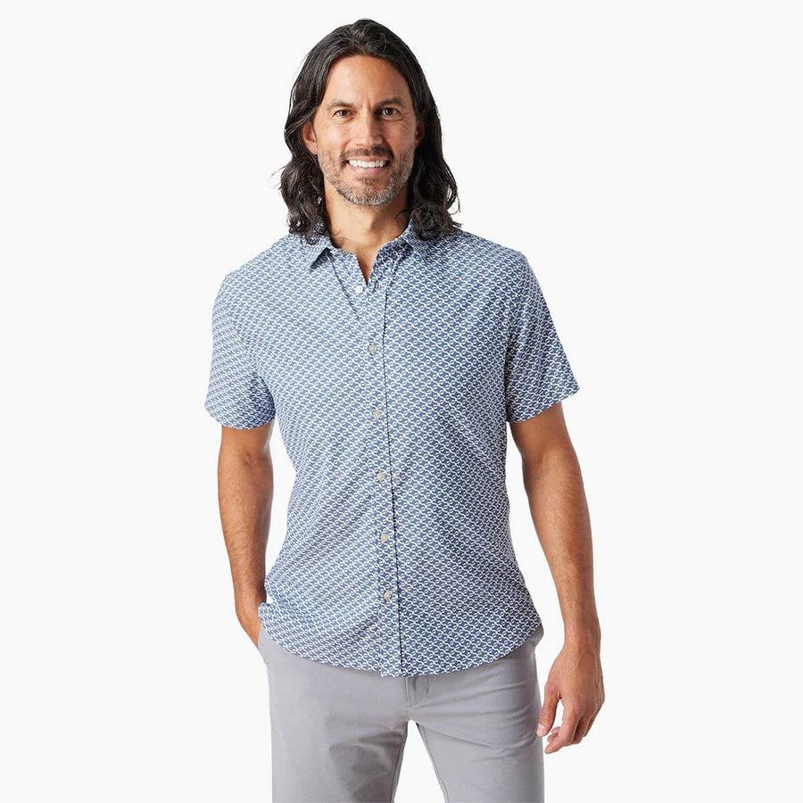 Fair Harbor Short-Sleeve Windward Shirt in Navy Geo – back view