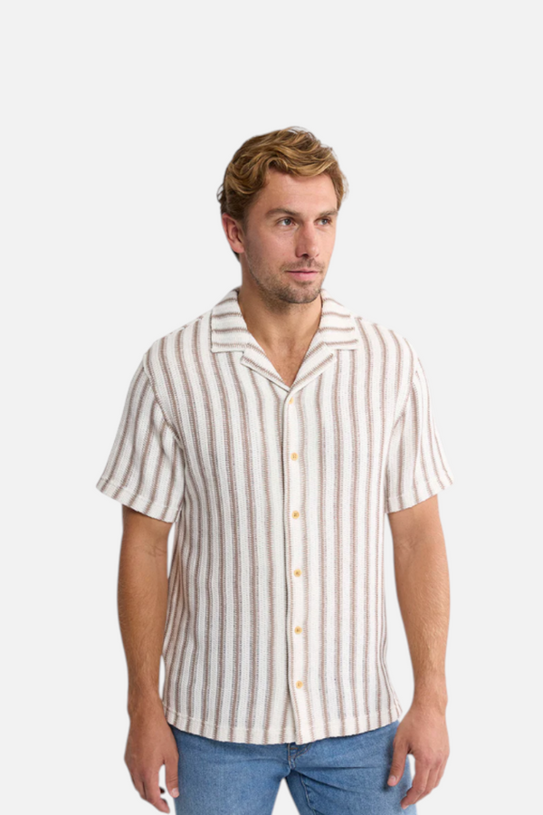 Fair Harbor Waveloom Crochet Shirt in Natural Strip