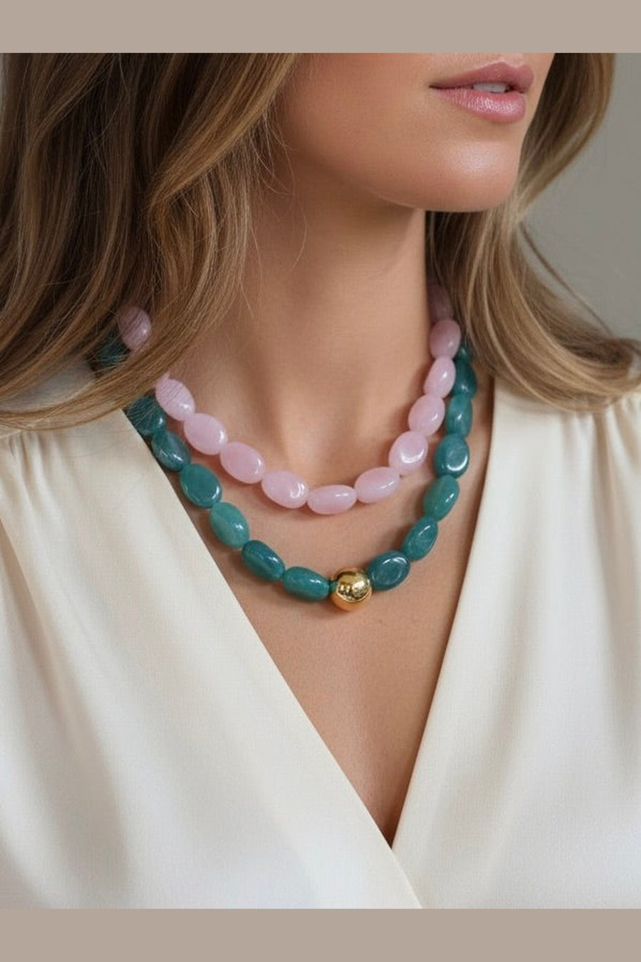 Farrah B Attention Please Necklace in Turquoise – on model