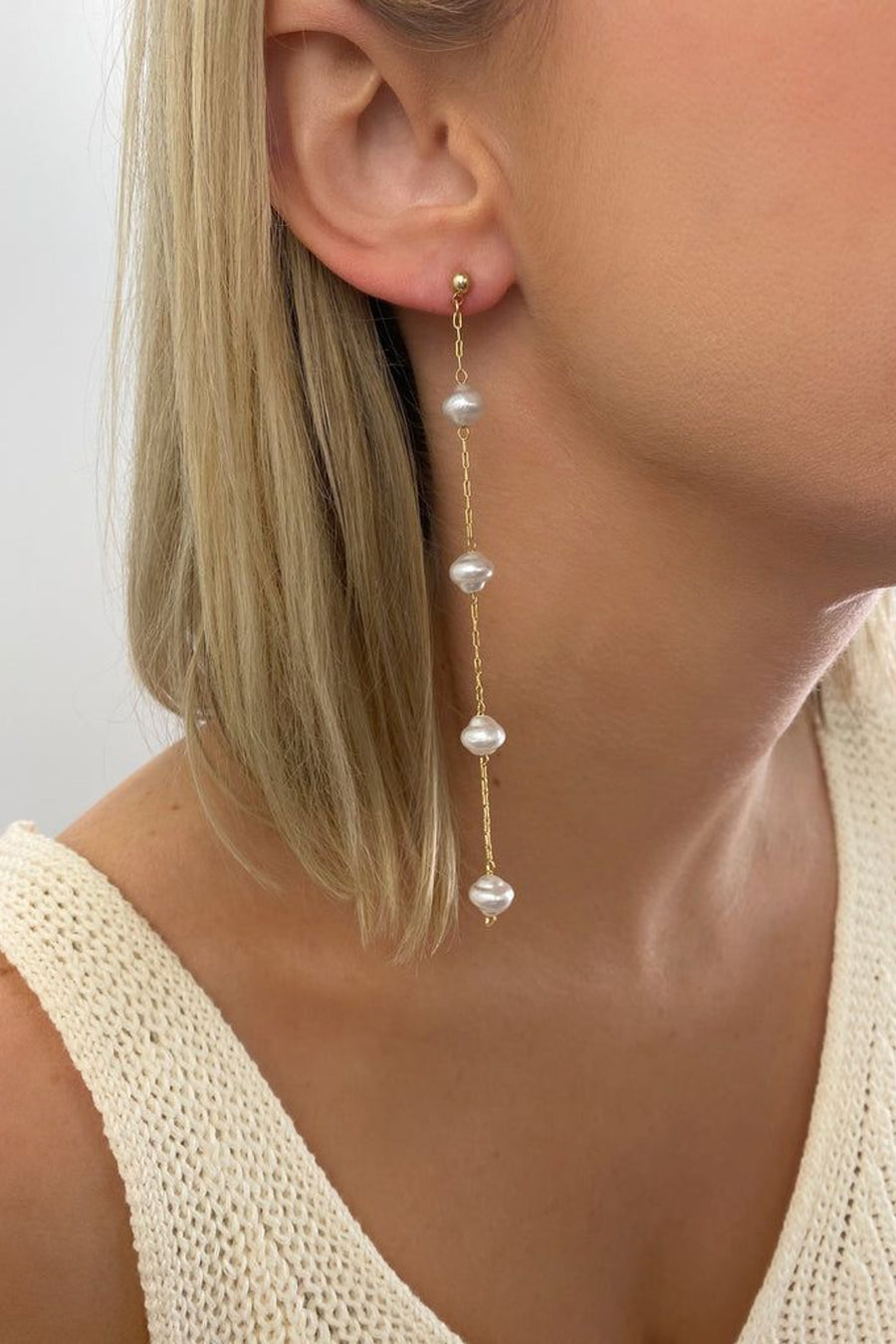 Farrah B Aura Pearl Drop Earrings in Gold – back view