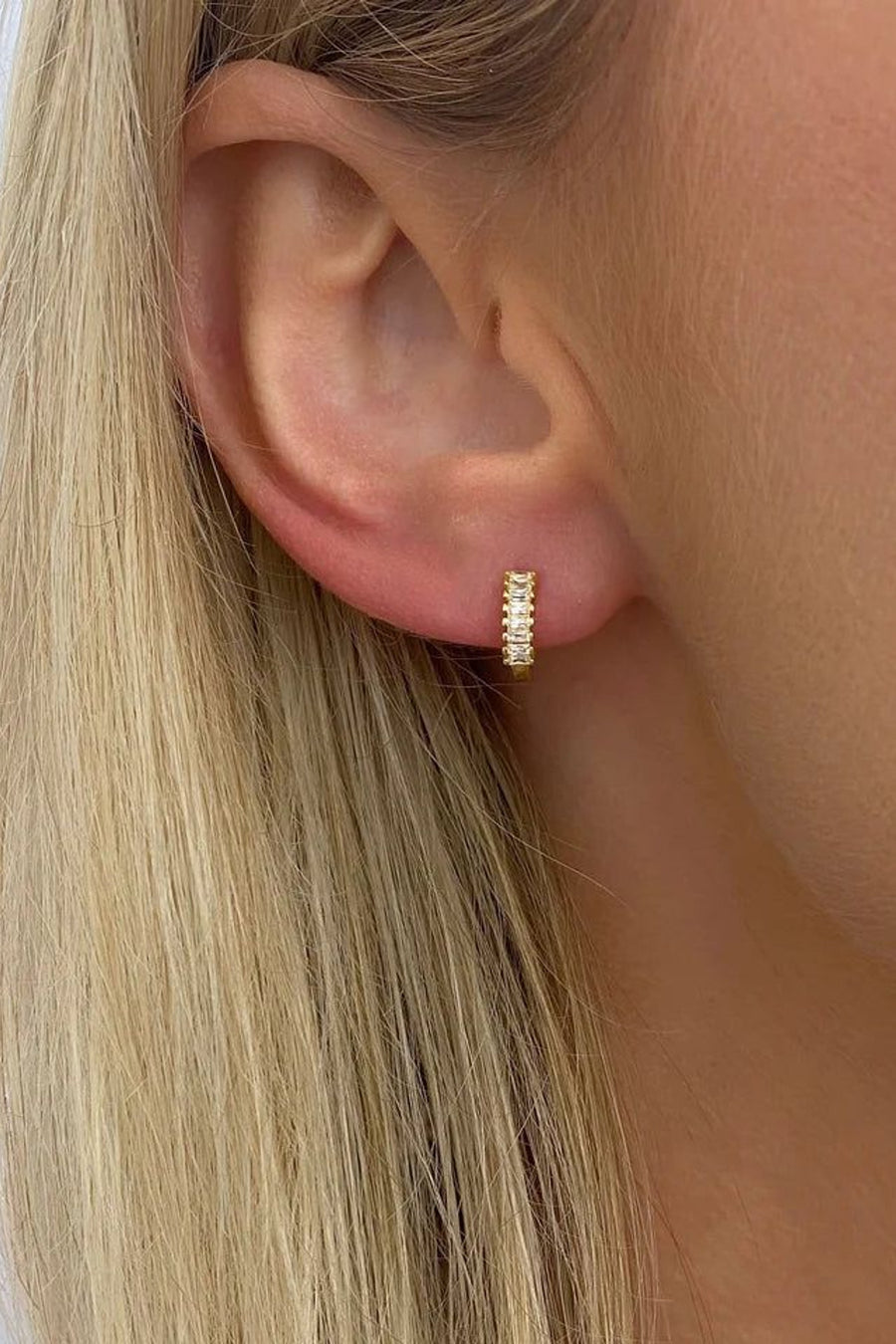 Farrah B Baguette Huggie Hoop Earrings in Silver – back view