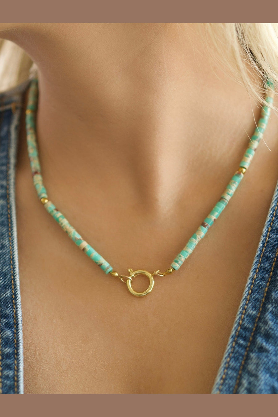 Farrah B Color Me Happy Necklace in Turquoise – on model