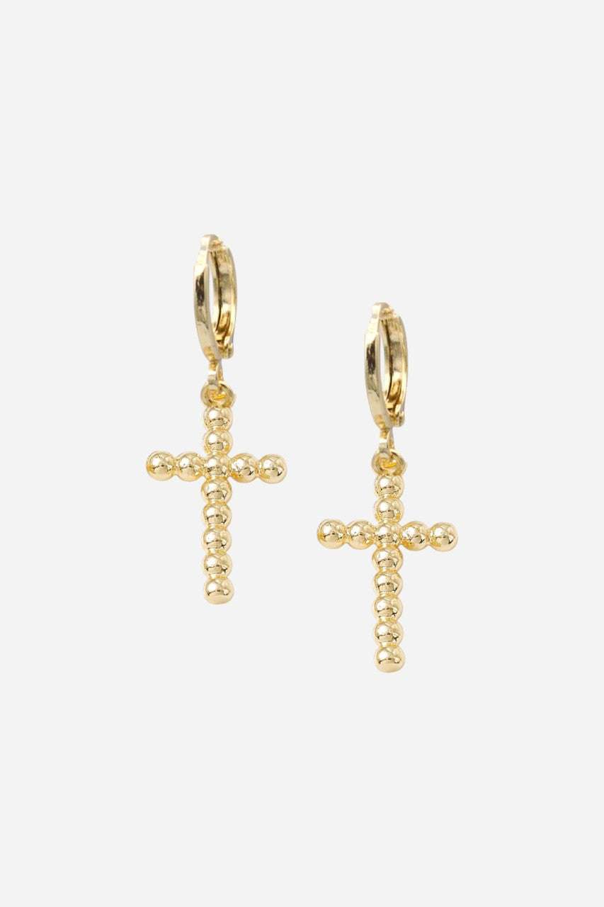 Farrah B Crossroads Cross Huggies Earrings in Gold – front view