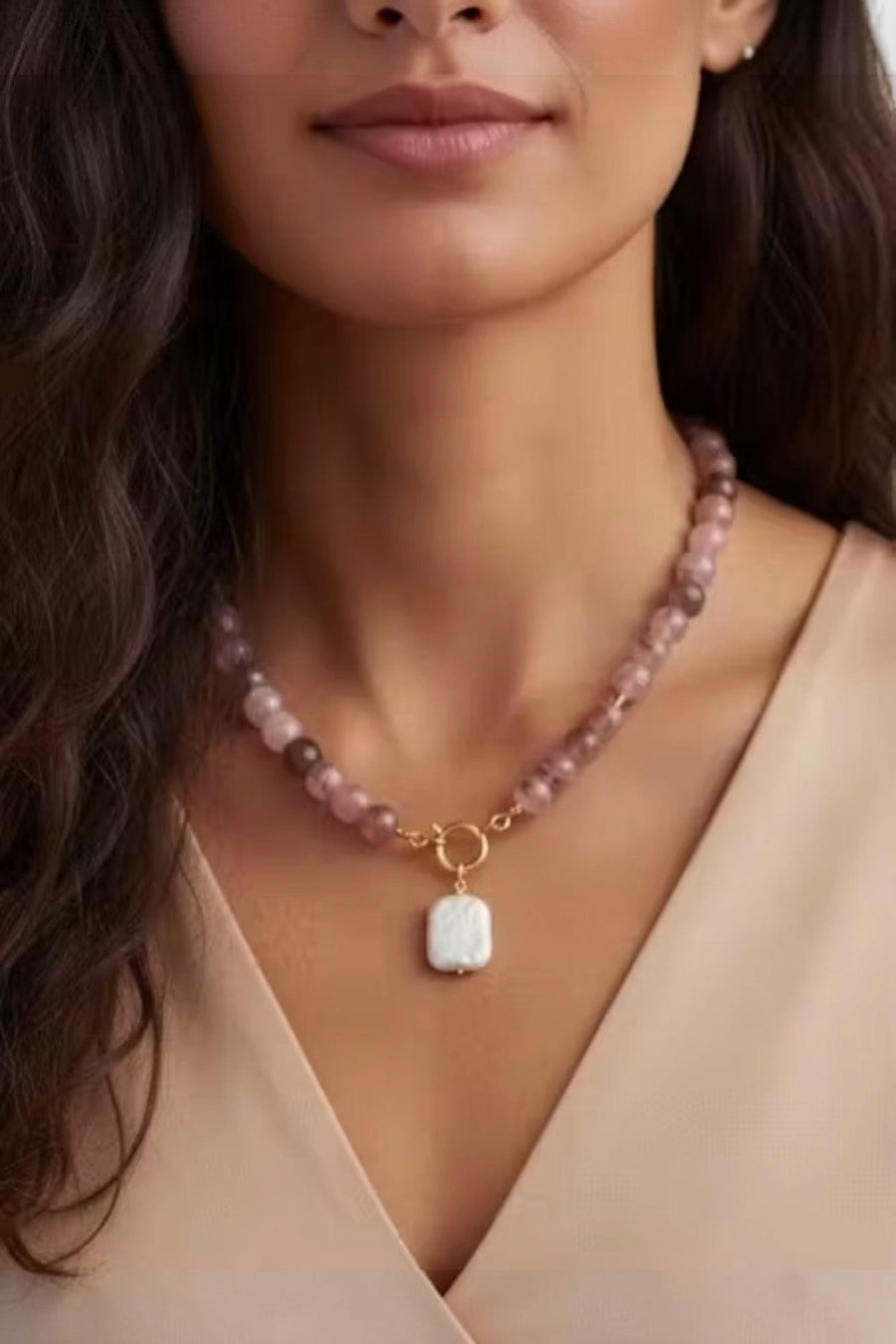 Farrah B Front Row Beaded Necklace in Pink and Pearl – back view