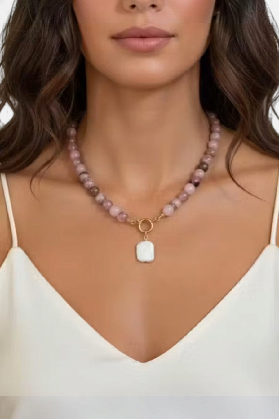 Farrah B Front Row Beaded Necklace in Pink and Pearl – side view