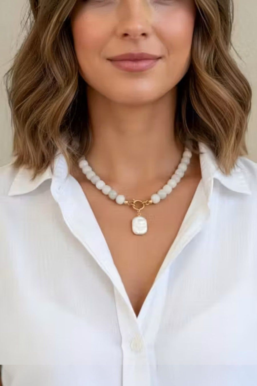 Farrah B Front Row Beaded Necklace in White and Pearl – back view