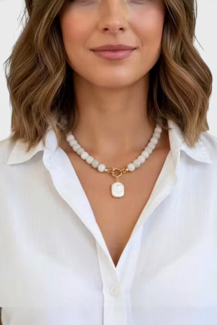 Farrah B Front Row Beaded Necklace in White and Pearl – back view