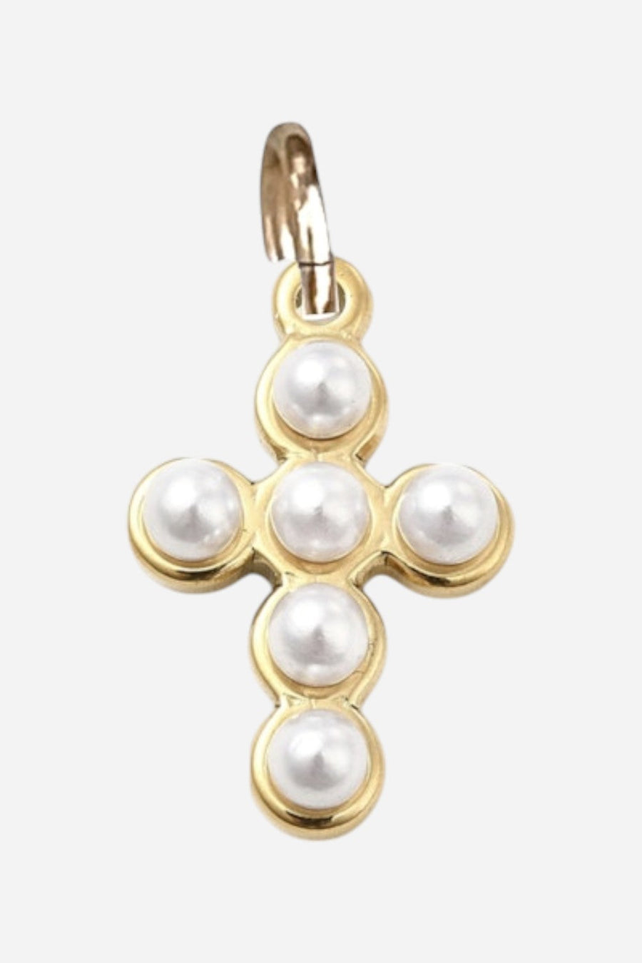 Farrah B Gold Pearl Cross Charm – front view