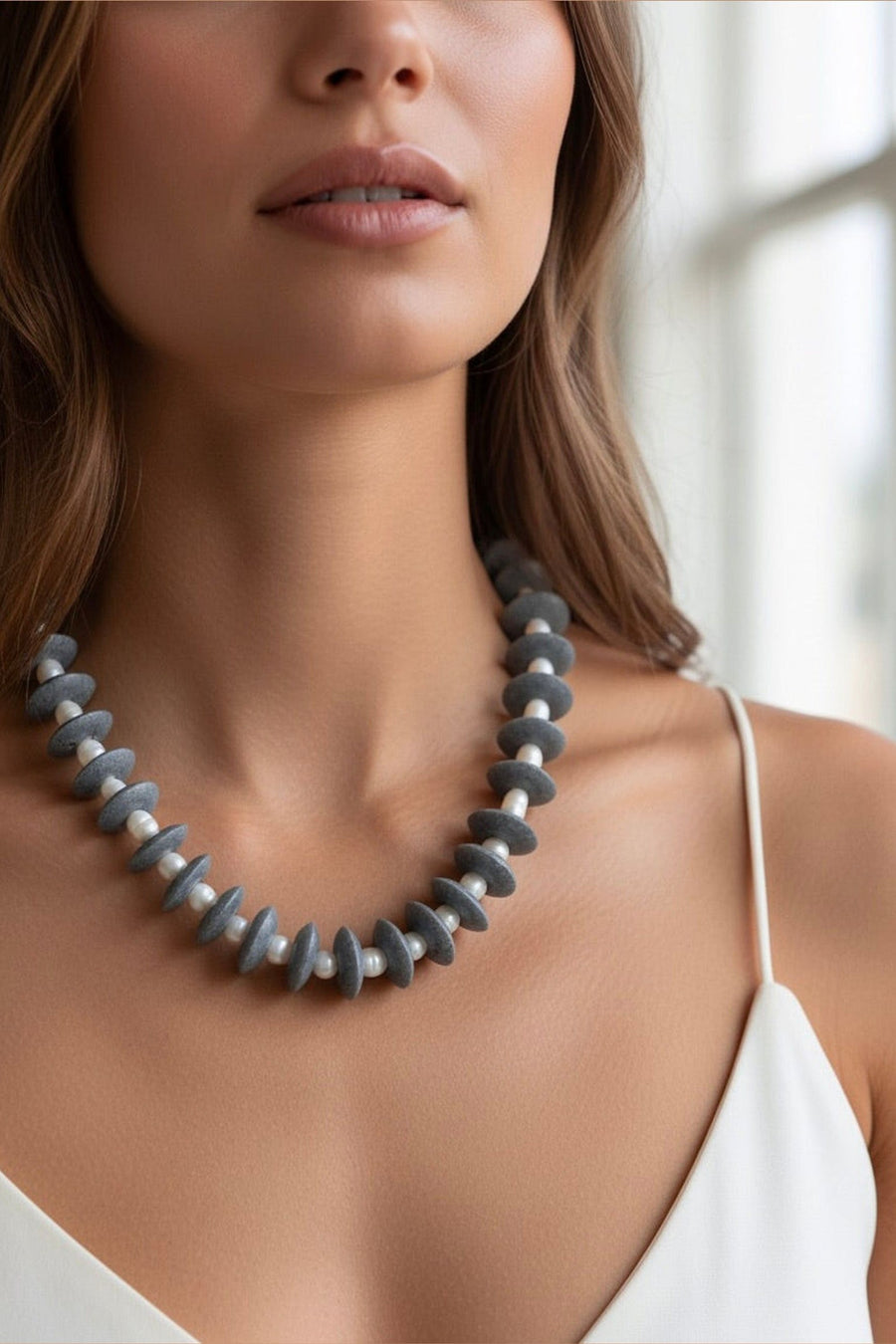 Farrah B Pearls Gone Wild Ashanti Glass and Pearl beaded Necklace in Gray – back view