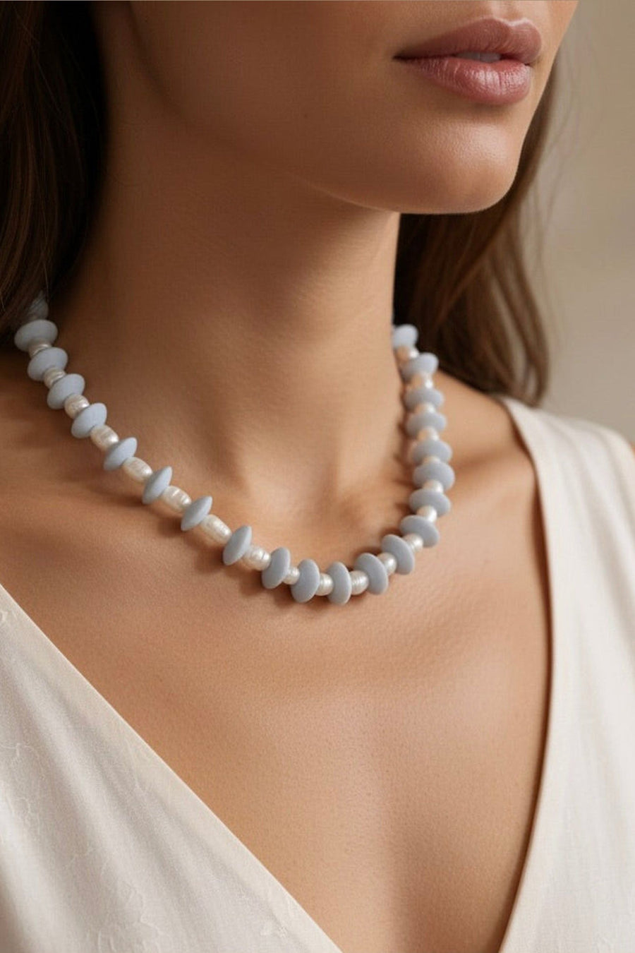Farrah B Pearls Gone Wild Ashanti Glass and Pearl beaded Necklace in Gray – front view