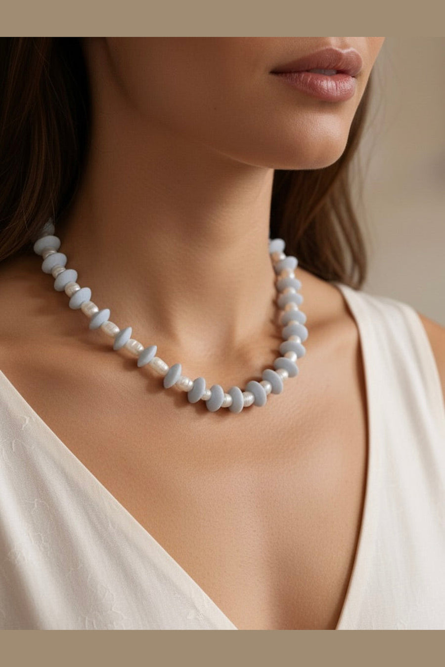 Farrah B Pearls Gone Wild Ashanti Glass and Pearl beaded Necklace in Gray – on model