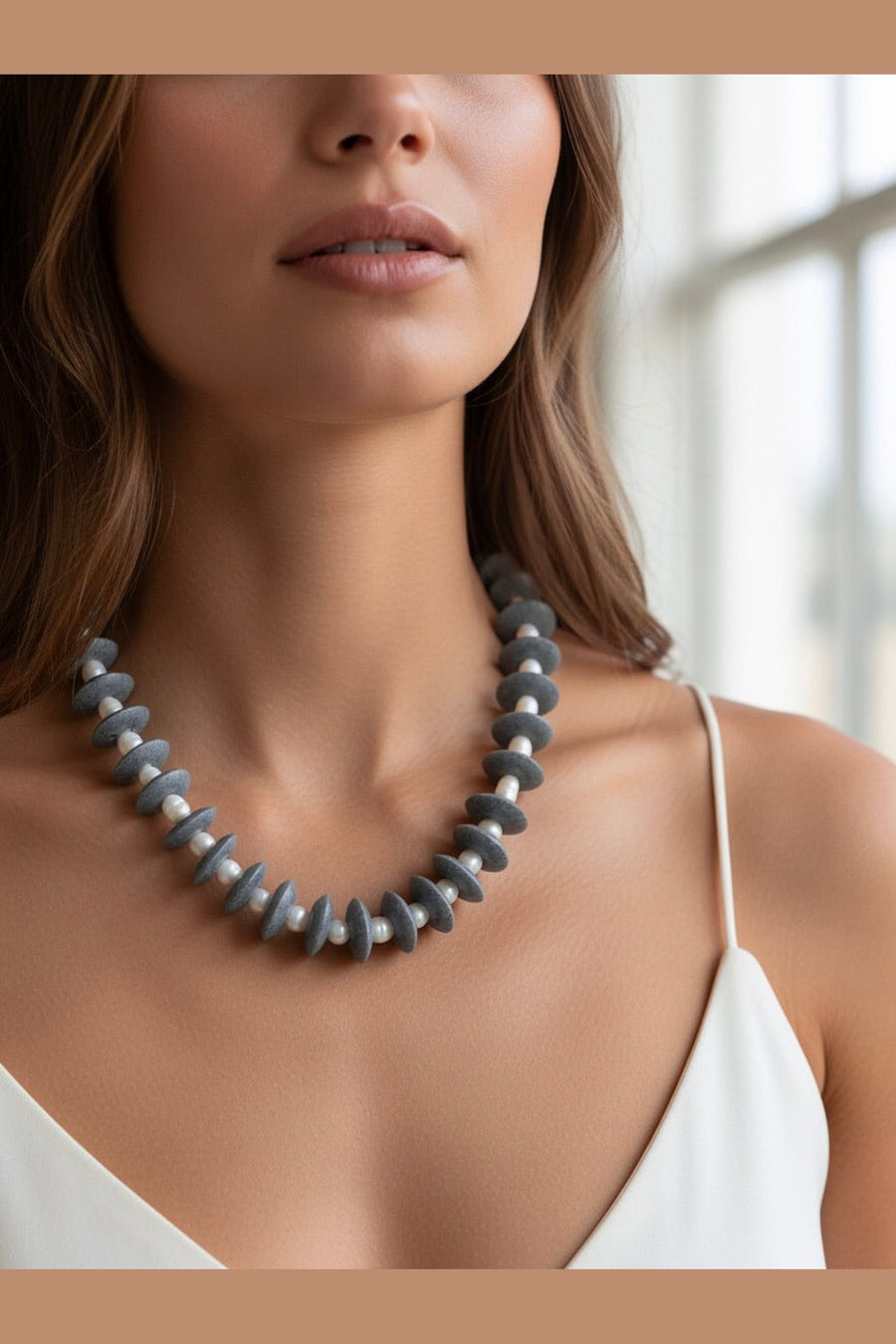 Farrah B Pearls Gone Wild Ashanti Glass and Pearl beaded Necklace in Gray – on model