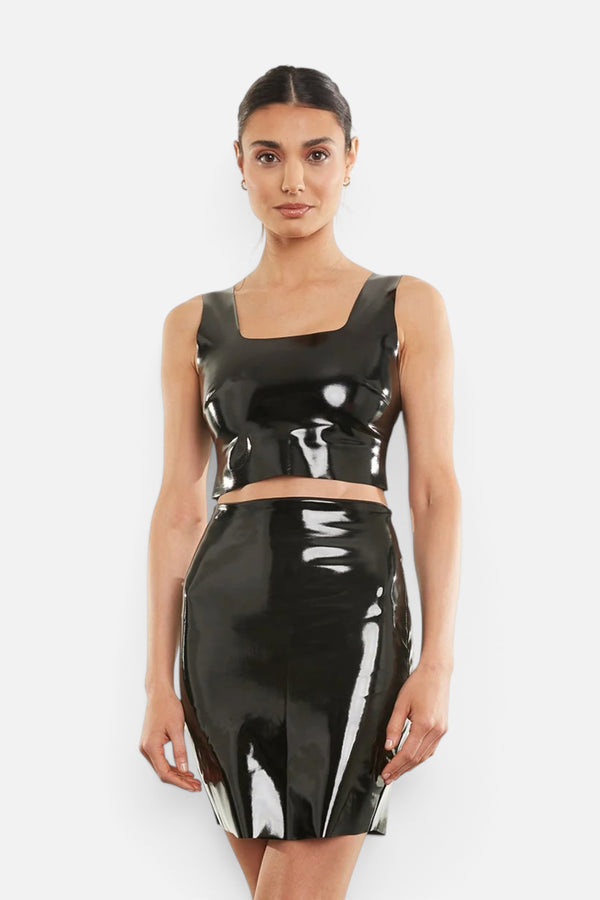 Faux Patent Leather Mini Skirt in Black