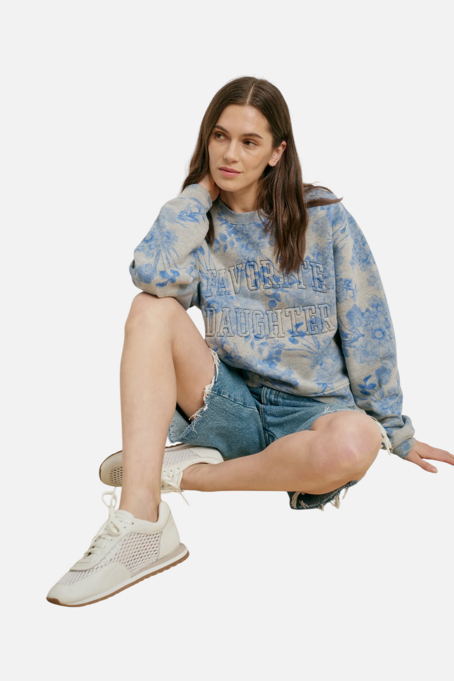 Favorite Daughter Classic Embossed Sweatshirt in Blue Distressed Floral Print – back view