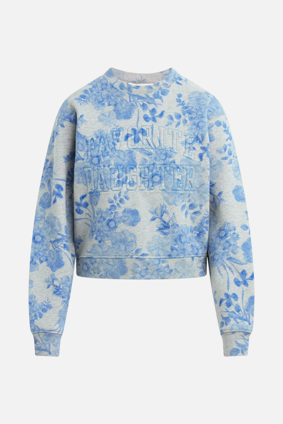 Favorite Daughter Classic Embossed Sweatshirt in Blue Distressed Floral Print – flat lay