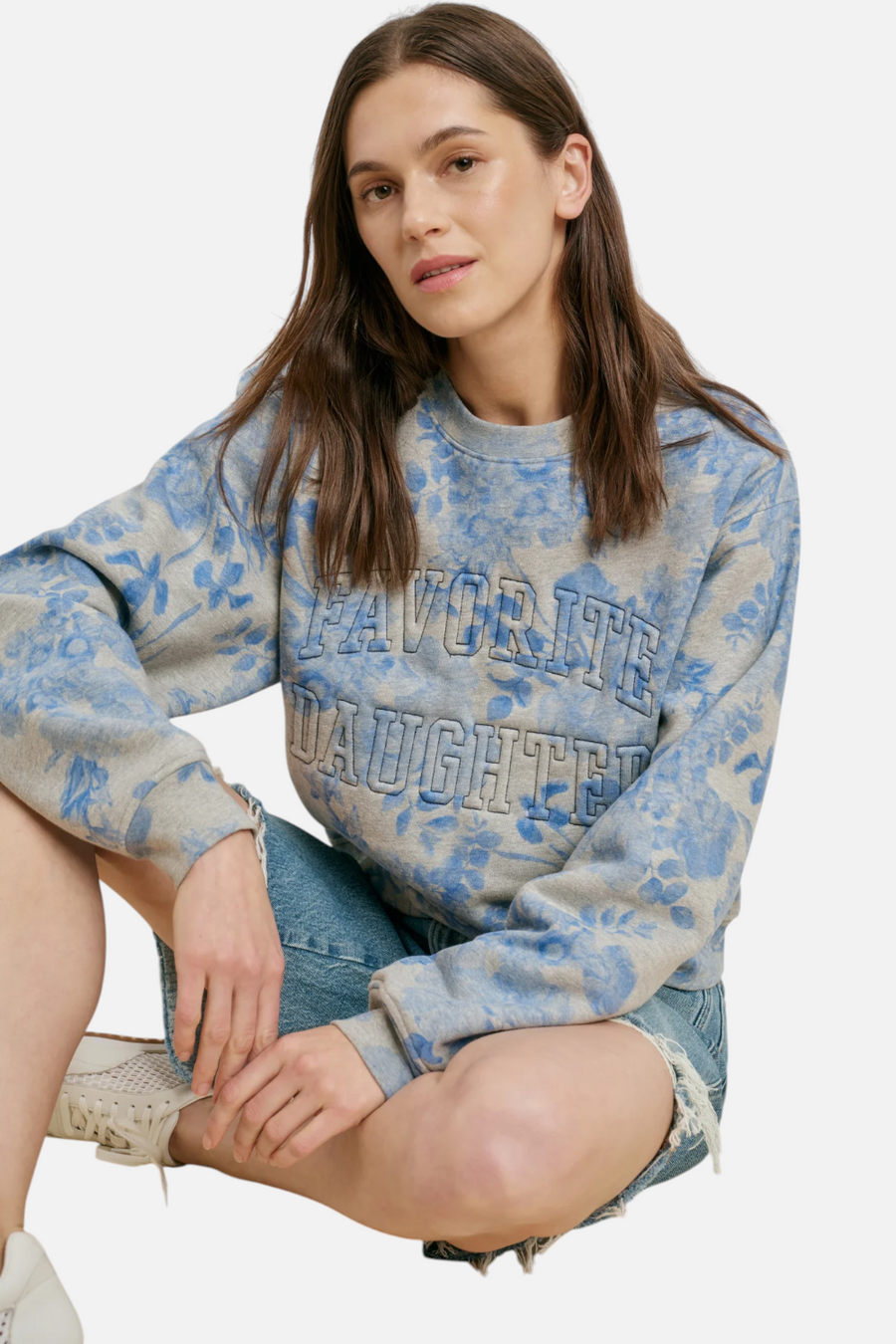 Favorite Daughter Classic Embossed Sweatshirt in Blue Distressed Floral Print – front view