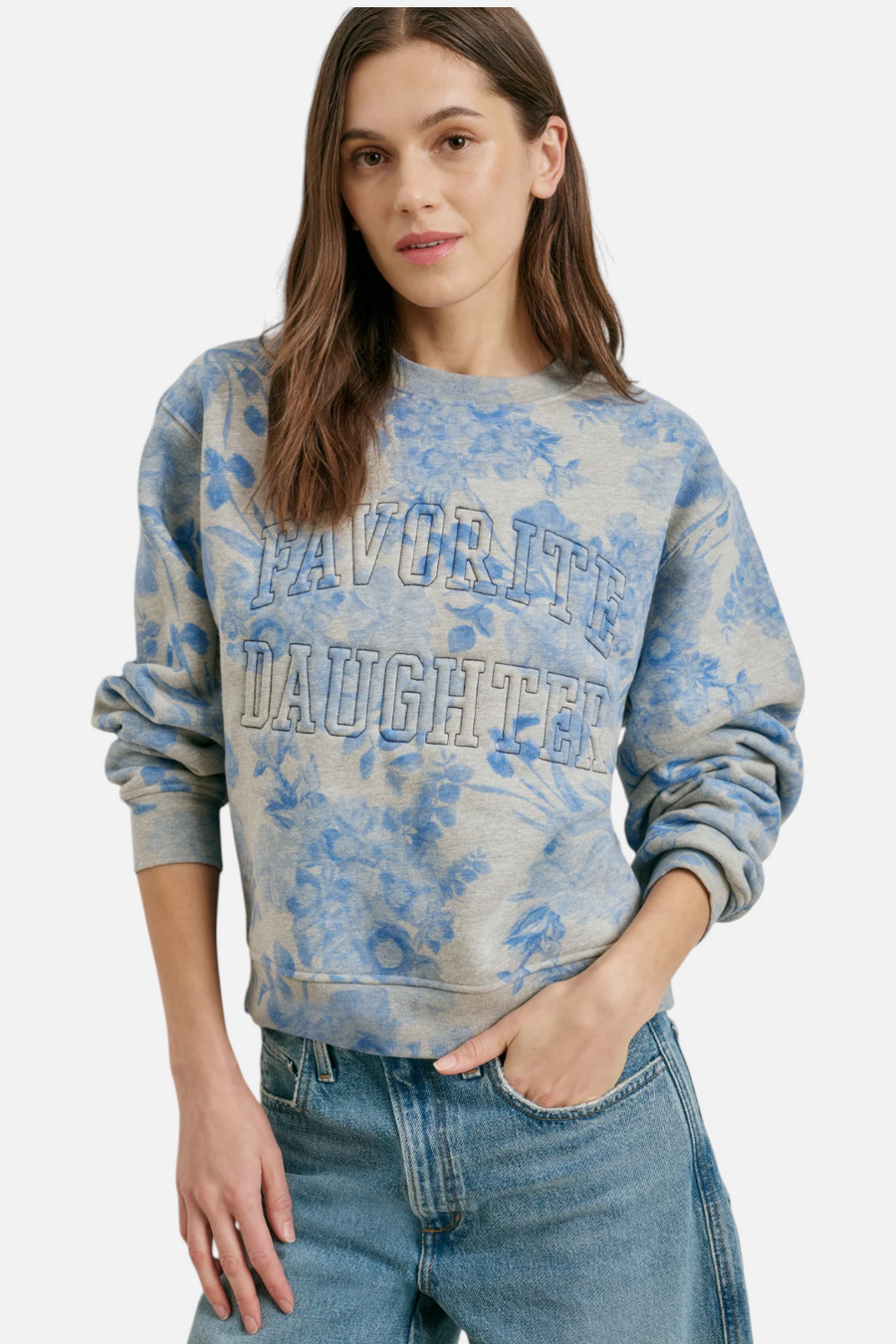 Favorite Daughter Classic Embossed Sweatshirt in Blue Distressed Floral Print – side view