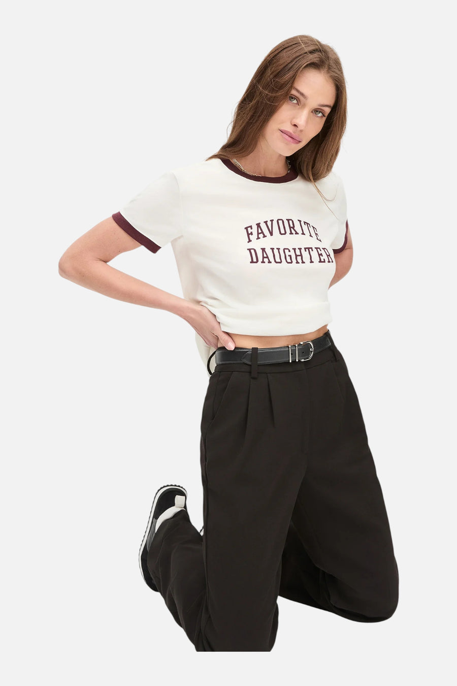 Favorite Daughter Collegiate Ringer Tee in White/Burgandy – on model