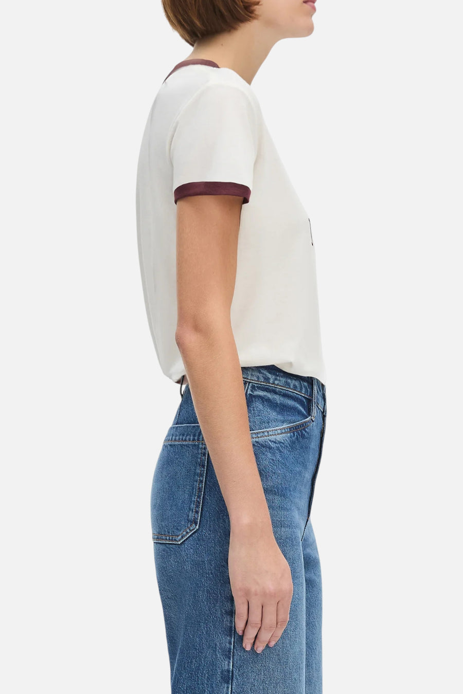 Favorite Daughter Collegiate Ringer Tee in White/Burgandy – side view