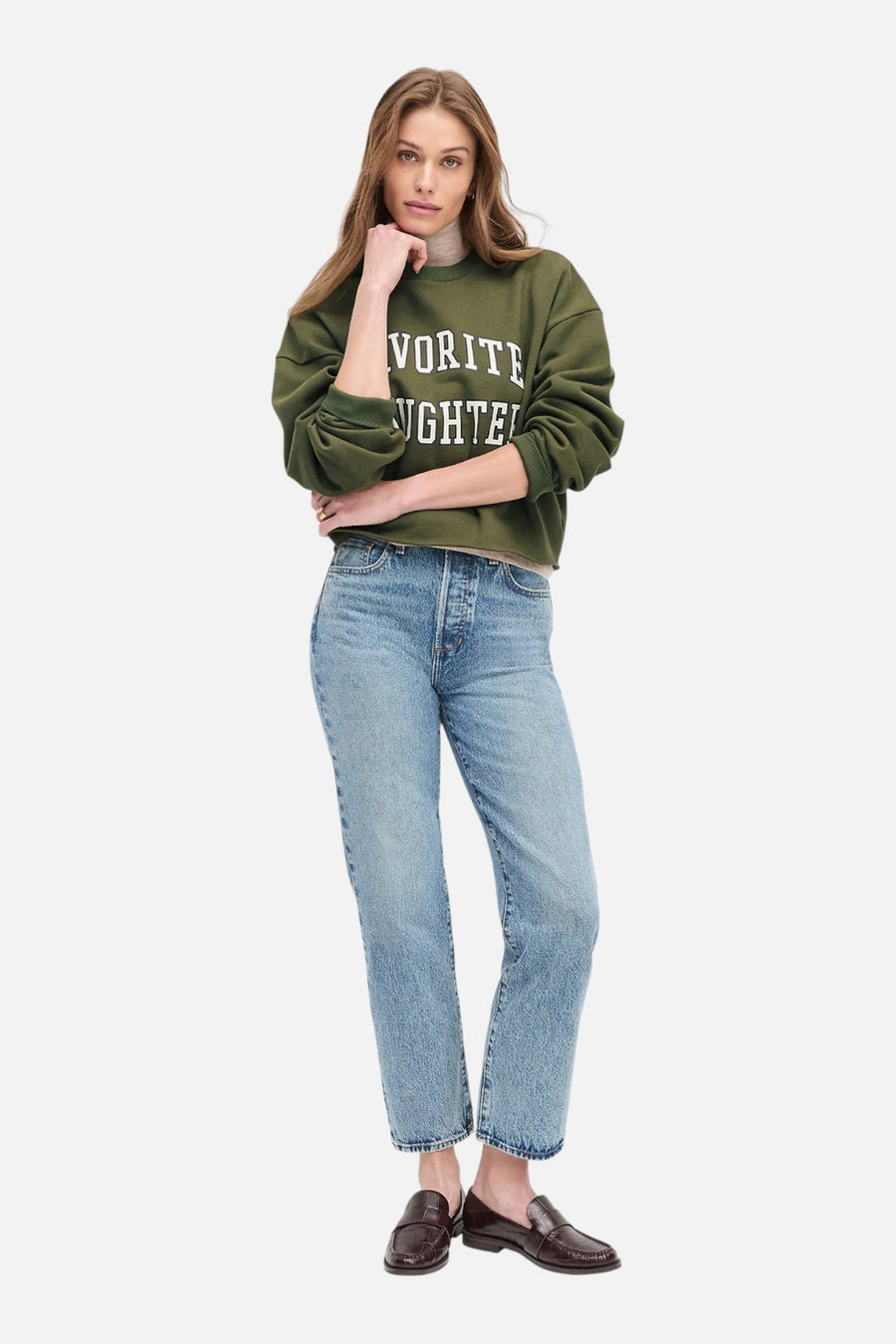 Favorite Daughter Cropped Collegiate Sweatshirt in Smoketree Gardenia – on model